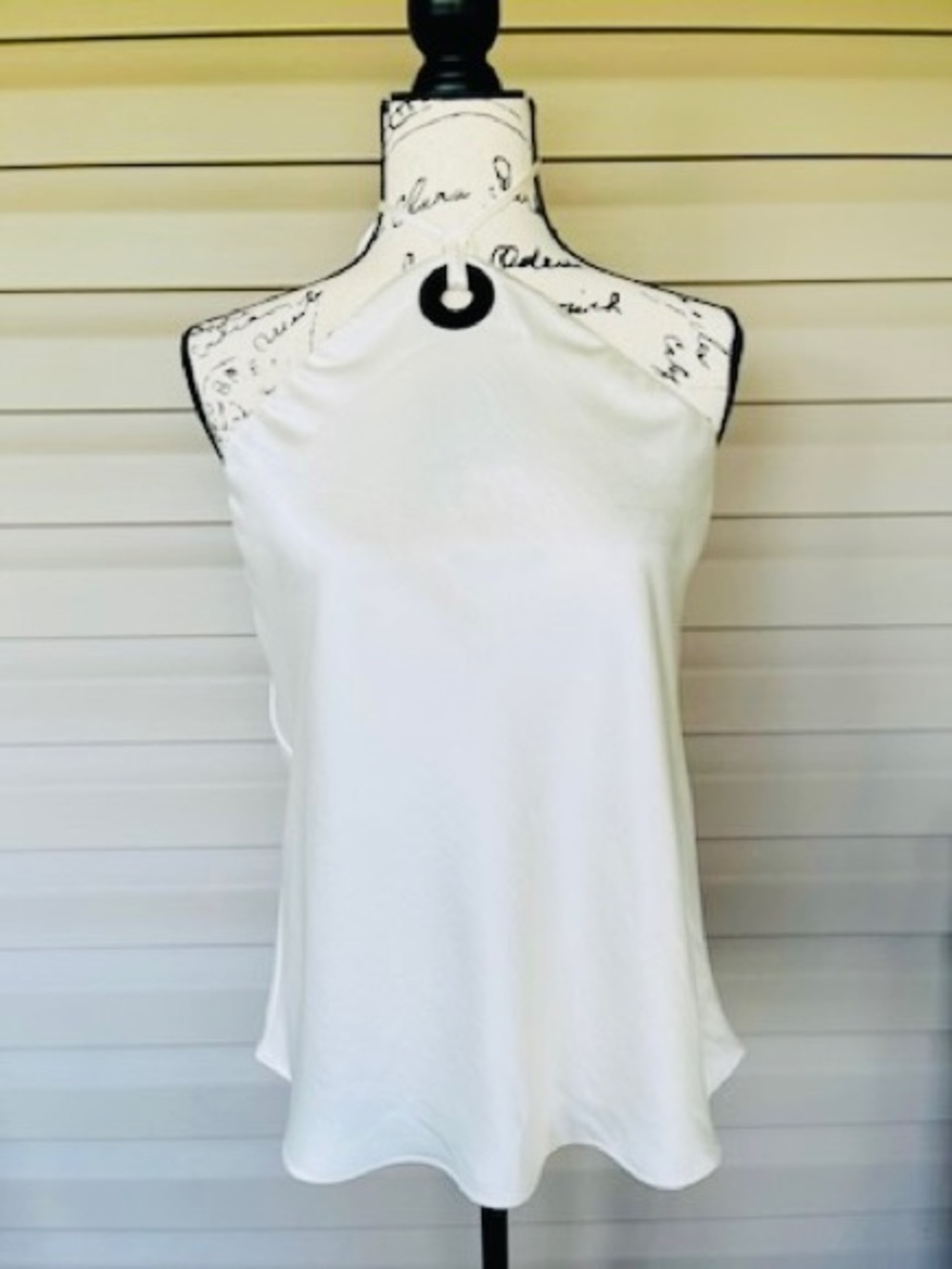 WHBM $79 White Halter Tank Top with Black Ring Accent